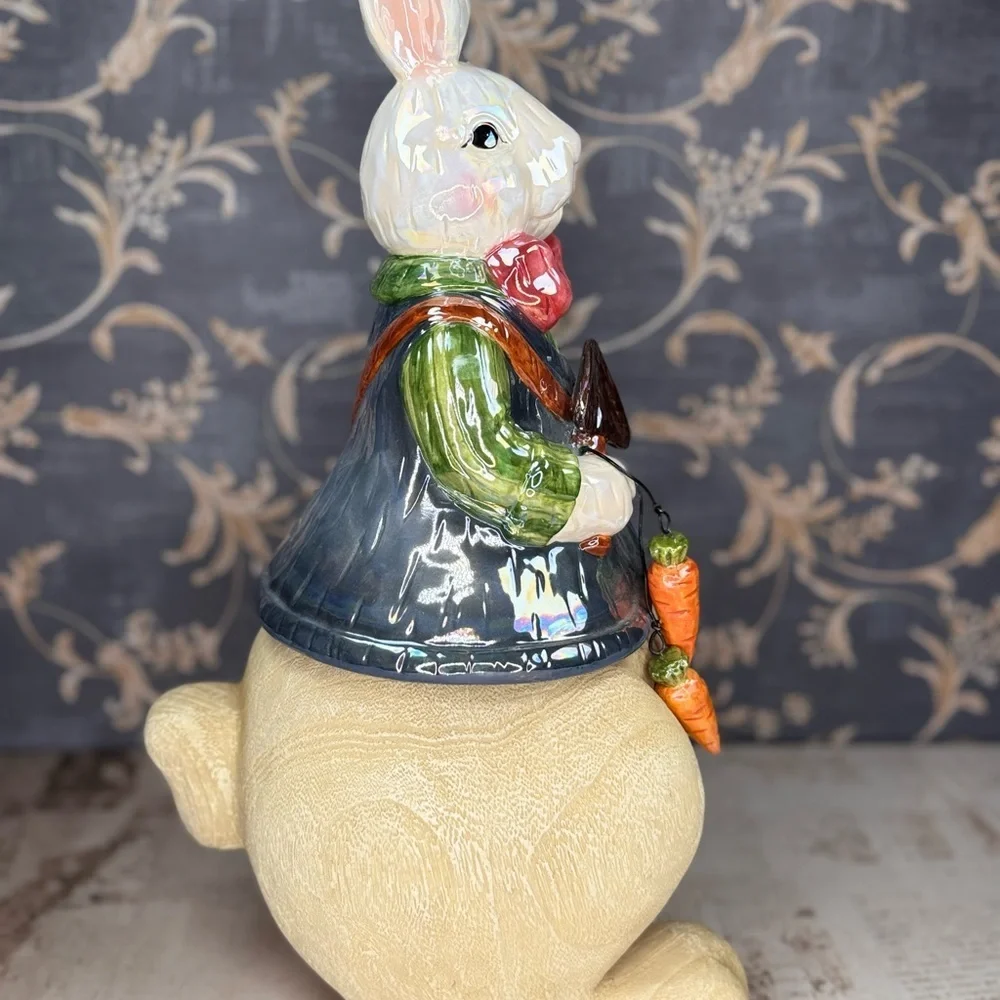 Vintage Style Ceramic Easter Bunny Figurine Gentleman Rabbit w/ Carrot Satchel